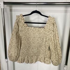 The Drop Marisol Long Sleeve Ruffle Smocked Cropped Top Sz XXL Praline Dot NWT